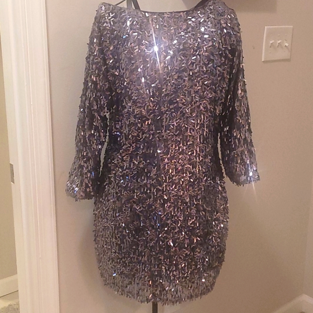 Quarter Sleeve Gunmetal Sequined Mini Dress
